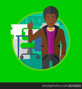 An african-american businessman standing in office and pointing up with his forefinger. Man standing in front of heaps of papers. Vector flat design illustration in the circle isolated on background.. Businessman pointing up with his forefinger.