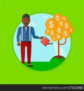 An african-american businessman watering a money tree. Businessman taking care of his finances. Concept of successful business. Vector flat design illustration in the circle isolated on background.. Man watering money tree vector illustration.