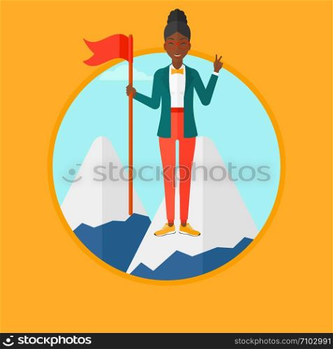 An african-american happy young business woman holding a red flag on the top of the mountain. Cheerful winner and leader concept. Vector flat design illustration in the circle isolated on background.. Cheerful leader woman vector illustration.