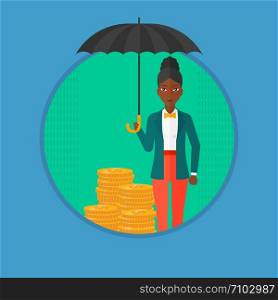 An african-american happy young business woman standing with an open umbrella over golden coins. Concept of business insurance. Vector flat design illustration in the circle isolated on background.. Woman with umbrella protecting money.