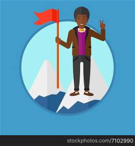 An african-american happy young businessman holding a red flag on the top of the mountain. Cheerful winner and leader concept. Vector flat design illustration in the circle isolated on background.. Cheerful leader man vector illustration.