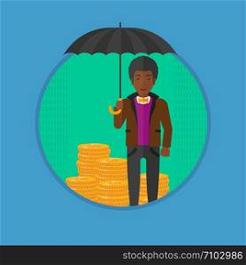 An african-american happy young businessman standing with an open umbrella over golden coins. Concept of business insurance. Vector flat design illustration in the circle isolated on background.. Man with umbrella protecting money.