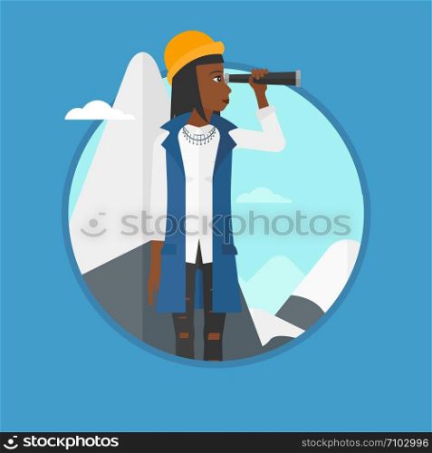 An african-american young business woman standing on the top of mountain and looking through spyglass. Business vision concept. Vector flat design illustration in the circle isolated on background.. Business woman looking through spyglass.