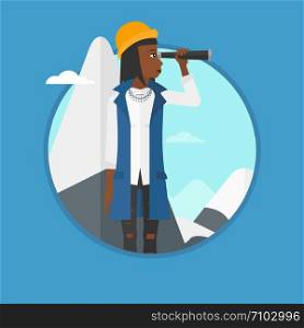 An african-american young business woman standing on the top of mountain and looking through spyglass. Business vision concept. Vector flat design illustration in the circle isolated on background.. Business woman looking through spyglass.