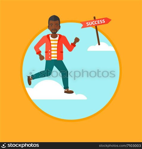 An african-american young businessman running in the sky near direction sign success. Happy businessman running to success. Vector flat design illustration in the circle isolated on background.. Businessman moving to success vector illustration.