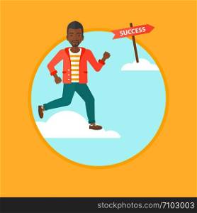 An african-american young businessman running in the sky near direction sign success. Happy businessman running to success. Vector flat design illustration in the circle isolated on background.. Businessman moving to success vector illustration.