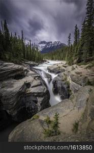 An afternoon view of the Mistaya Canyon along the Icefields Parkway of Banff National Park.