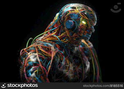 An AI robot almost completely wrapped in brightly coloured fibre optic cable created with generative AI technology