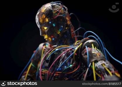 An AI robot almost completely wrapped in brightly coloured fibre optic cable created with generative AI technology
