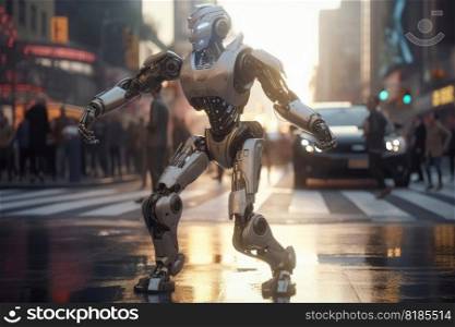An AI robot dancing in a busy street for some money created with generative AI technology