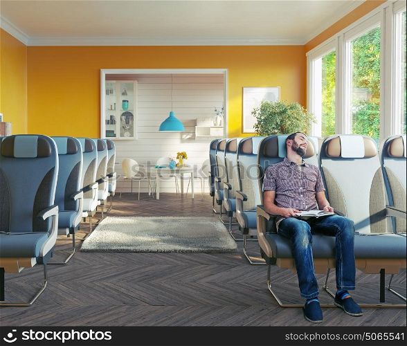 An airplane business class seats in the room. Vip transport concept. Photo combination