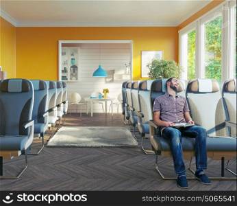 An airplane business class seats in the room. Vip transport concept. Photo combination