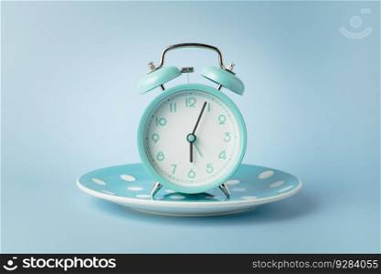 An alarm clock on an empty plate against blue background for the concept of food, time management, losing weight and eating on time.