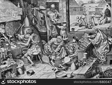 An alchemist interior in the sixteenth century, vintage engraved illustration. From the Universe and Humanity, 1910.