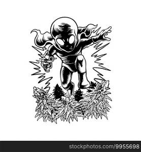 An alien attack a cannabis garden Silhouette illustrations for your work Logo, mascot merchandise t-shirt, stickers and Label designs, poster, greeting cards advertising business company or brands.
