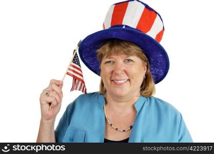 An American military wife wearing a patriotic hat and waving an American Flag. Isolated on white.