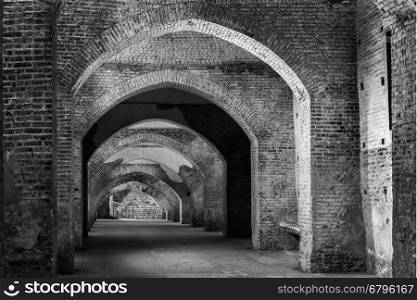 An ancient fortified tunnel in Vigevano,Italy.Black and white photo.