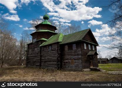 An ancient wooden timbered church in the village. Kostroma, Russia
