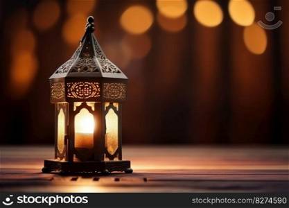 An antique lantern adds a touch of elegance to the rustic decor of a table set for the evening celebration of Eid al-Fitr, with bokeh city lights in the background. Ai Generative