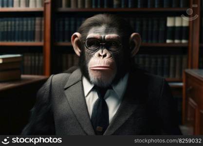 An ape wearing a suit standing in an old library created with generative AI technology