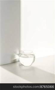 An aquarium with water stands on a white background, flooded with sunlight. Place for the label.. Aquarium with water on a sunny white background.