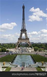 An archetypal view of the Eiffel Tower, caught in the afternoon sun, with the fountains of the Champs de Mars in front