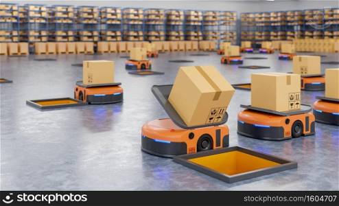 An army of robots efficiently sorting hundreds of parcels per hour(Automated guided vehicle) AGV.3d rendering