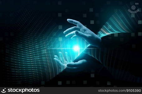 An array of data in the binary system flows through female hands, the concept of collecting and organizing information, control, business analytics