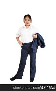 An Asian business woman finished her work, has her suit jacket over herarm an leaving work, over white background.