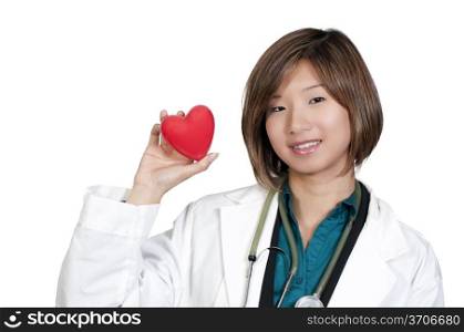 An Asian female cardiologist holding a red heart