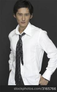 An asian model wears a white shirt and grey tie