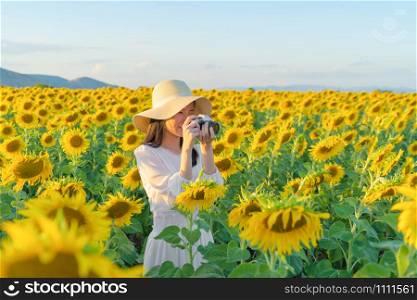 An Asian woman, a photographer, using a film camera to take photos on social media at full bloom sunflower field in travel holidays vacation trip at natural garden park in Lopburi, Thailand.