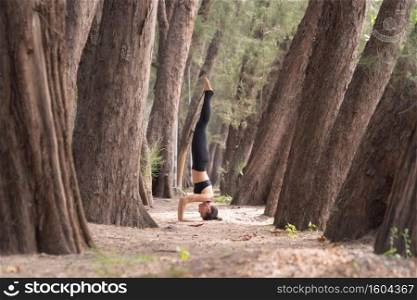 An Asian woman in yoga class club doing exercise and yoga at natural beach, trees and sand outdoor in sport and recreation concept. People lifestyle activity.