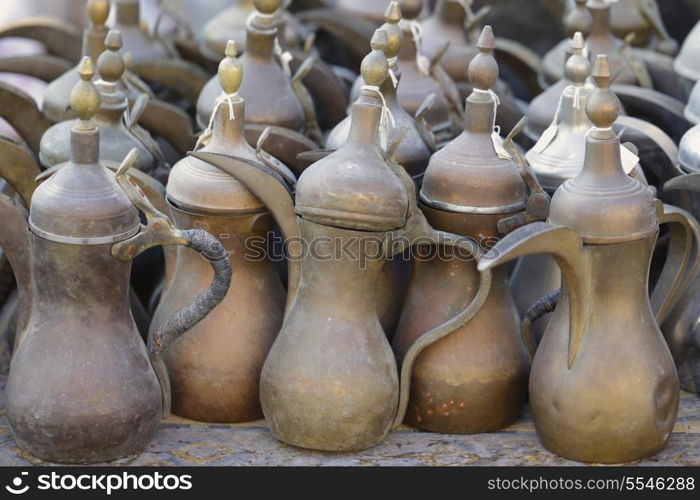 An assortment of coffee pots for sale in Souq Waqif, Doha, Qatar.