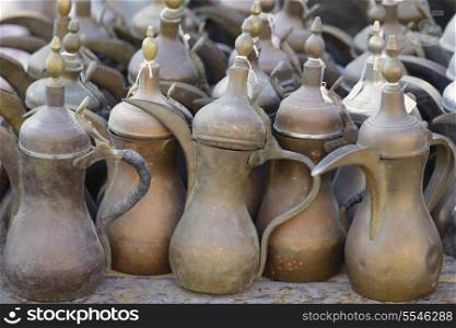 An assortment of coffee pots for sale in Souq Waqif, Doha, Qatar.