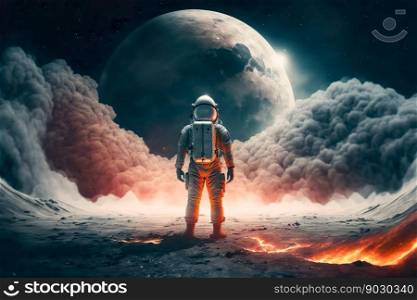 An astronaut stands on the surface of the moon, looking at the earth. Generative Ai