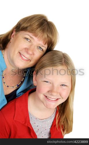 An attractive blond, blue-eyed mother and daughter. Vertical view Isolated on white.