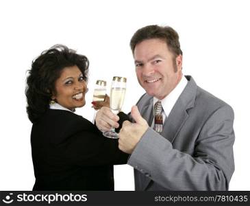 An attractive couple in suits toasting with champagne. They could be dating or celebrating a business partnership.