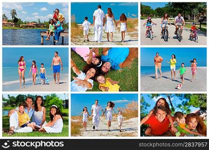 An attractive happy, laughing family of mother, father, son and daughter outside active having fun on summer vacation, cycling, beach, park, fishing