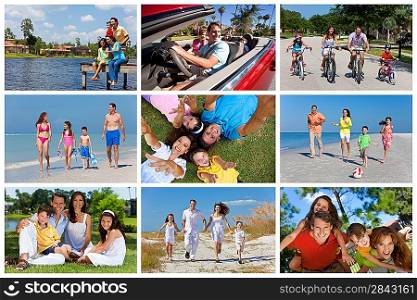 An attractive happy, laughing family of mother, father, son and daughter outside active having fun on summer vacation, cycling, beach, park, fishing and driving
