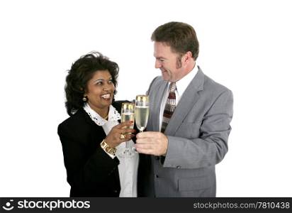 An attractive interracial couple toasting eachother with champagne.