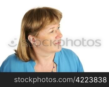 An attractive, middle aged woman faces the future. Isolated on white.