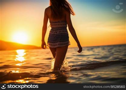 An attractive Woman at a beach during sunset created with generative AI technology
