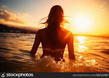 An attractive Woman at a beach during sunset created with generative AI technology