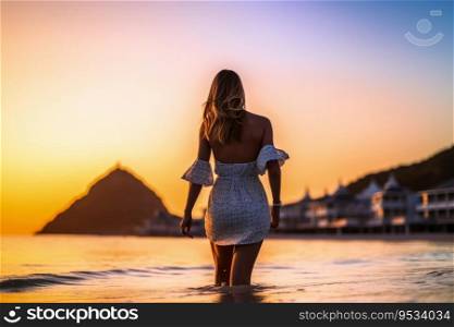 An attractive Woman at a beach during sunset created with generative AI technology