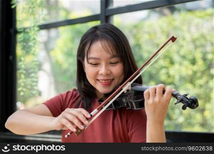 An attractive woman learning musician plays the violin at home.  Composer creating songs with string instruments. Dreamy violinist fingers pressing strings on violin