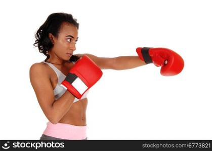 An attractive young african american girl in sports wear, wearing red boxinggloves, in closeup, punching, isolated for white background.