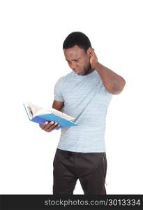 An attractive young African American man holding his book andis wondering what he is reading, isolated for white background