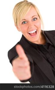 An attractive young blonde businesswoman gives a thumbs up to the camera, the focus is on her face.