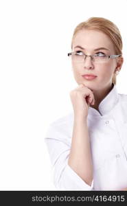 An attractive young doctor in glasses on white background